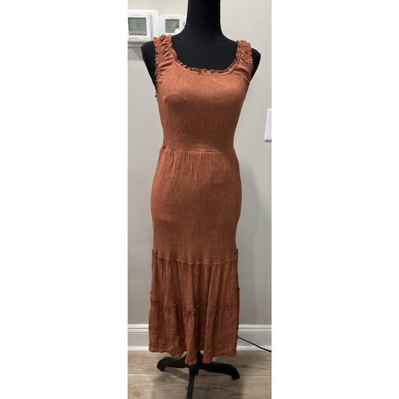 Lucky Brand Boho Maxi Dress Ruffle Prairie Tiers Burnt Orange Gauze Rayon Small - Picture 1 of 9